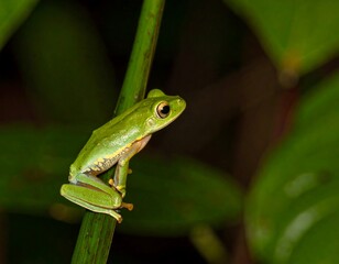 Fototapeta premium Small, vibrant green frog on a stem
