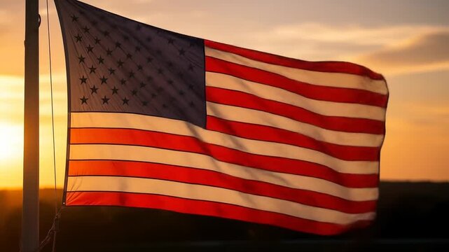 Iconic American flag gracefully waves against a stunning sunset, symbolizing freedom and national pride during a golden hour moment.