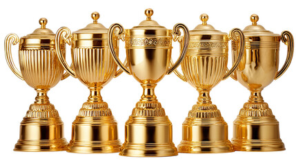 Gold Trophies: A group of glistening gold trophies, each a symbol of achievement and success, stands proudly, reflecting the light. 