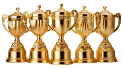 Gold Trophies: A group of glistening gold trophies, each a symbol of achievement and success, stands proudly, reflecting the light. 