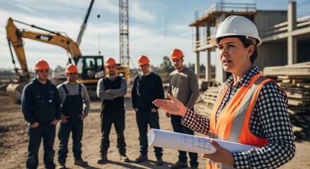 A female construction engineer explains the building blueprint plans to her team of construction workers at the construction site.