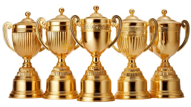 Gold Trophies: A group of glistening gold trophies, each a symbol of achievement and success, stands proudly, reflecting the light. 