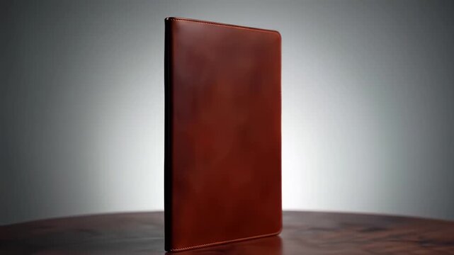 Elegant brown leather portfolio case slowly rotating on a wooden desk with a grey background

