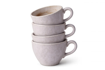 Light purple coffee cups stacked unevenly, top cup tilted, arranged on transparent background