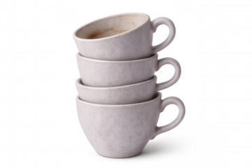 Light purple coffee cups stacked unevenly, top cup tilted, arranged on transparent background