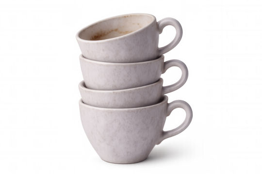 Light purple coffee cups stacked unevenly, top cup tilted, arranged on transparent background