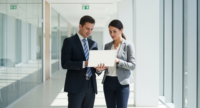 Business colleagues standing in a hallway looking at a laptop computer while discussing their work in a modern building.