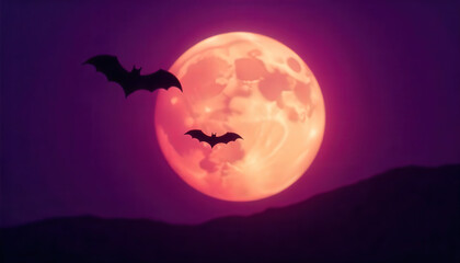 Eerie Halloween night sky illuminated by a radiant full moon with flying bats, creating a mystical and haunting atmosphere.
