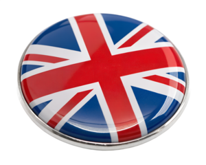 A glossy union jack button on a black isolated background
