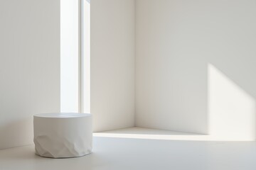 Minimalist White Room with Textured Cylinder Display Stand