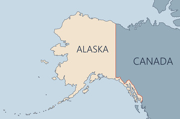 Fototapeta premium The border between the state of Alaska and Canada is marked with a red line. The map shows the territories of Alaska. Map for infographics with the border between the United States and Canada.