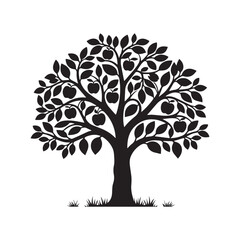 Obraz premium A black silhouette of a large, leafy fruit tree with a thick, sturdy trunk and numerous branches spreading out symmetrically..