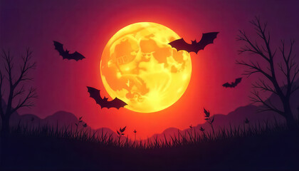 Enchanting Halloween Night with a Full Moon and Flying Bats Silhouette