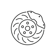 Outline car brakes icon, with editable stroke. Disc brake with disk pad. Race brake system, car speed break, drive safety, braking disc pads repair, auto service and maintenance, car shop. Vector icon