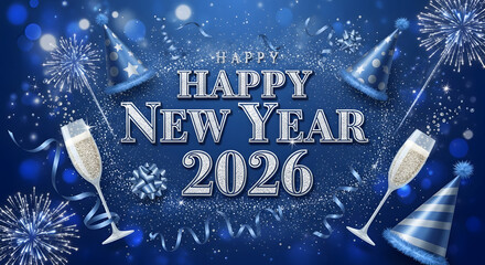 Happy New Year 2026 Festive Celebration with Silver Text, Champagne, and Blue Decorations.