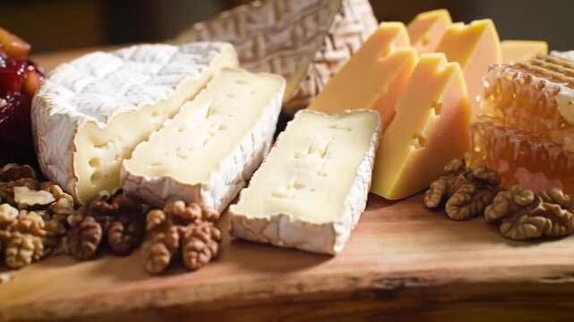 A rustic wooden board holds an assortment of cheeses,  accompanied by a fruit compote and walnuts.  The cheeses vary in texture and color, offering a visually appealing spread