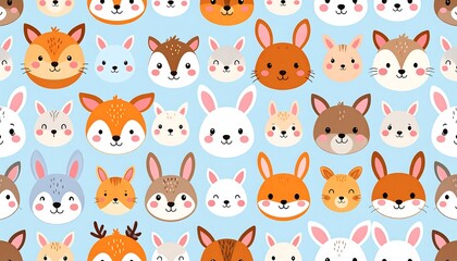 Obraz premium Cute animal faces repeating pattern on a light blue background.