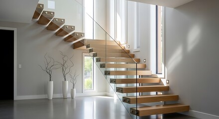 Modern interior design showcases floating wooden staircase with natural light penetration