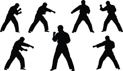 Martial arts silhouette collection, karate poses vector, fighter stances illustration, self-defense training clipart, action moves black figure setMartial arts silhouette collection © Fahim Creative