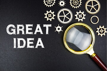 Great Idea text message with magnifying glass on black background