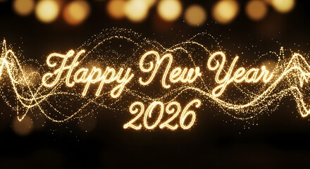 Happy New Year 2026 Golden Glowing Text with Particles and Bokeh Lights.