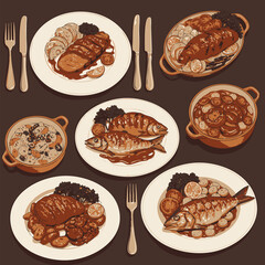 Illustrated assortment of traditional Portuguese cuisine, a hearty banquet of classic fish, meat, and bean dishes