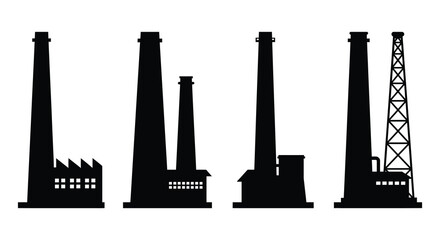 Silhouette of Industrial Factory Chimneys and Structures Against a White Background