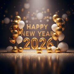Happy New Year 2026 with Gold and White Balloons, Bokeh Lights, and Glitter.