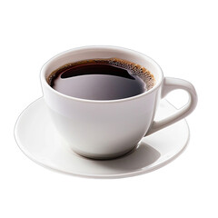 A full cup of rich, dark coffee in a white ceramic mug and saucer