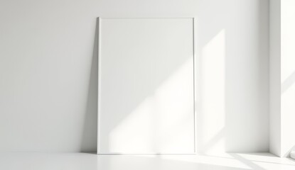 Obraz premium Blank vertical picture frame mockup leans against a bright minimalist white wall receiving natural daylight casting sharp diagonal shadows for advertising design.