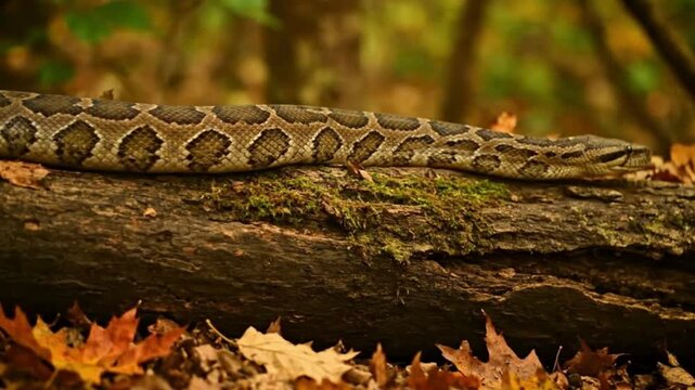 Autumnal Snake: Python Gliding on Mossy Log