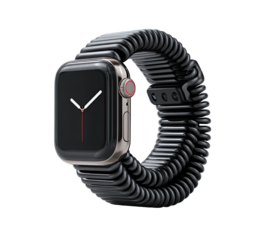 A dark gray or black, coiled watch band wraps around a silver-toned smart watch