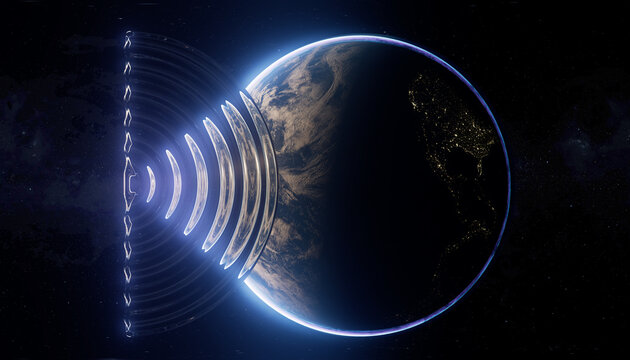 3D neon glass planet glowing with cosmic energy