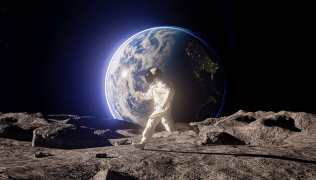 3D astronaut running on moon surface with Earth background