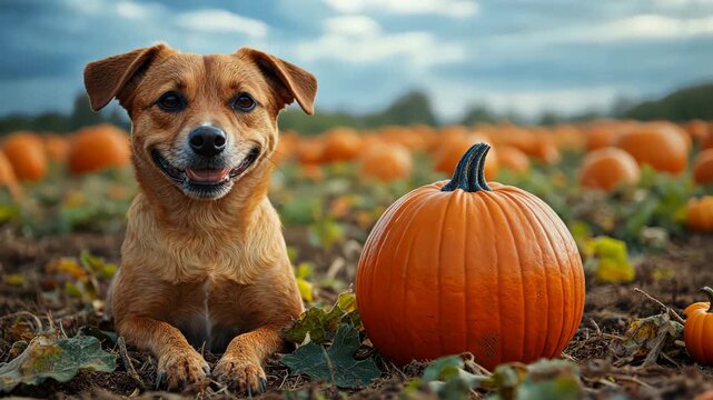 Adorable Dog Smiling in Pumpkin Patch: A heartwarming Autumn Scene for Fall Season Enthusiasts