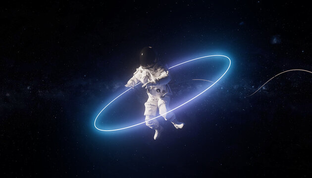 3D astronaut floating in space with glowing light ring