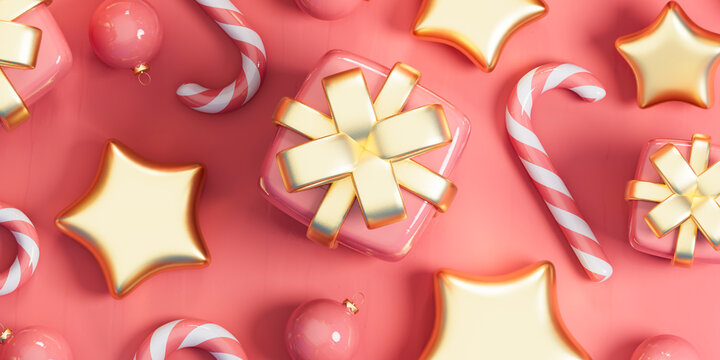 3D Christmas gifts, stars and candy canes on pink