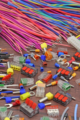 Naklejka premium Materials for assembling the electrical control panel. Close-up. Soft focus. 