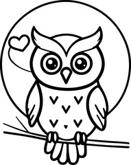 Fototapeta premium Owl on Branch Illustration – Black and White Line Art with Heart Accent and Circular Frame