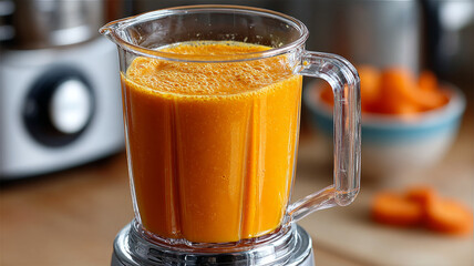 Orange smoothie in a blender pitcher on kitchen countertop.