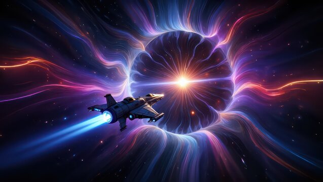 Spaceship soaring through a vibrant cosmic wormhole, illuminated by a central star - Powered by Adobe