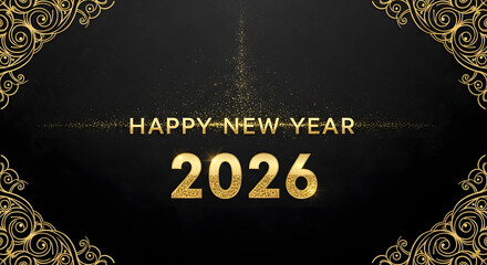 Happy New Year 2026 Elegant Gold Text with Ornate Flourishes on a Black Background.