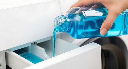 A hand pours blue liquid detergent from a clear bottle into the dispenser drawer of a white washing machine.