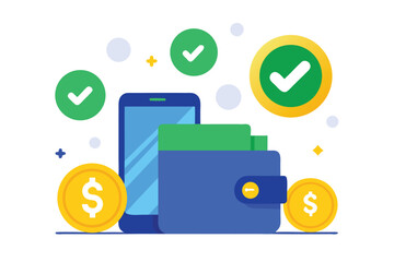 Blue wallet with coins and phone finance money, finance, money, transaction, wallet, coins, smartphone, payment, digital, currency, banking, savings, wealth, investment, cash, financial, business, eco