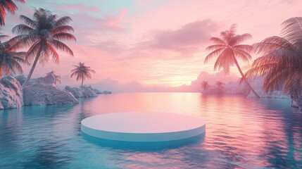 Obraz premium 3d background product display podium scene with leaf geometric platform,cloud and sky, palm shadows and white stone podium,Mockup for eco beauty cosmetic advertising,Copy space.