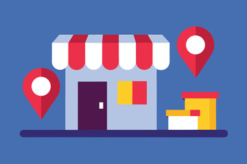 Cartoon store with location pins and boxes building, store, building, cartoon, illustration, location, pin, map, marker, box, package, delivery, retail, commerce, business, red, white, yellow, purple,