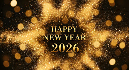 Happy New Year 2026 Golden Text with Sparkling Explosion and Bokeh Lights.