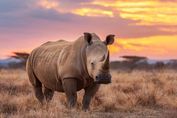 Obraz premium A rhinoceros standing in dry grass with a sunset sky