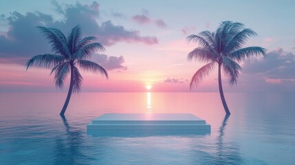 3d background product display podium scene with leaf geometric platform,cloud and sky, palm shadows and white stone podium,Mockup for eco beauty cosmetic advertising,Copy space.