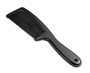 Black plastic hair comb, angled view